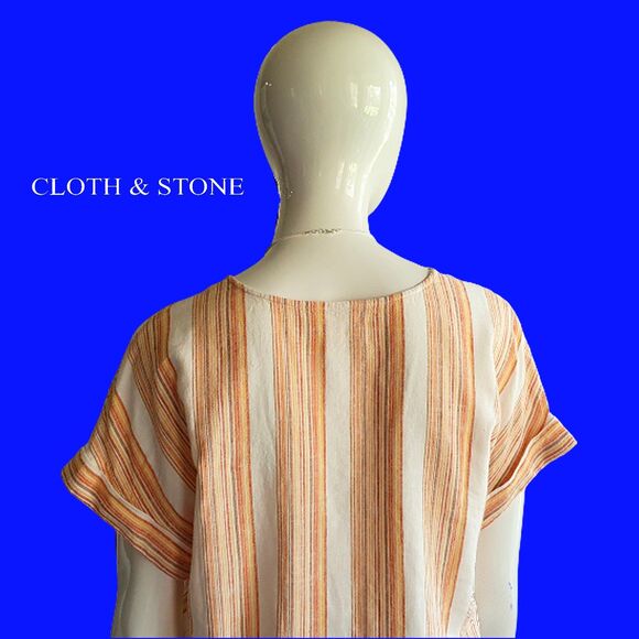 CLOTH & STONE NEW Linen Stripe V-Neck Tie Cuff Sleeve Crop Top M - Picture 11 of 12